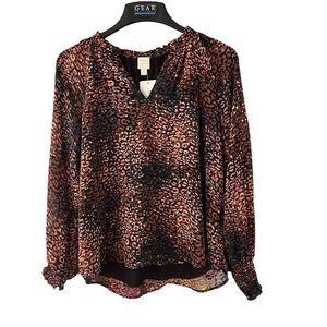 Evereve Roan Ryan Emillia Chiffon Blouse Size XS Mahogany Leopard NWT